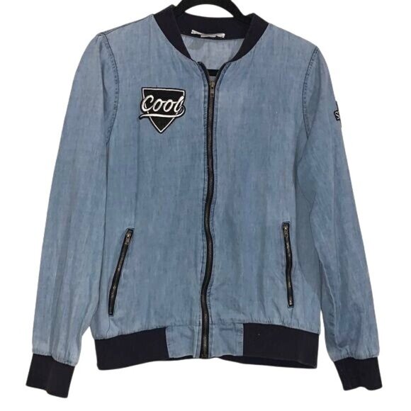 Say What? Denim Bomber Jacket With Patches & Ribbed Trim - Picture 1 of 8